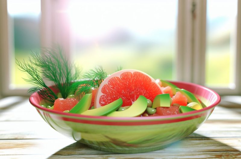 Un bol coloré contenant une salade fraîche de pamplemousse, avocat et fenouil, présentée de manière appétissante.