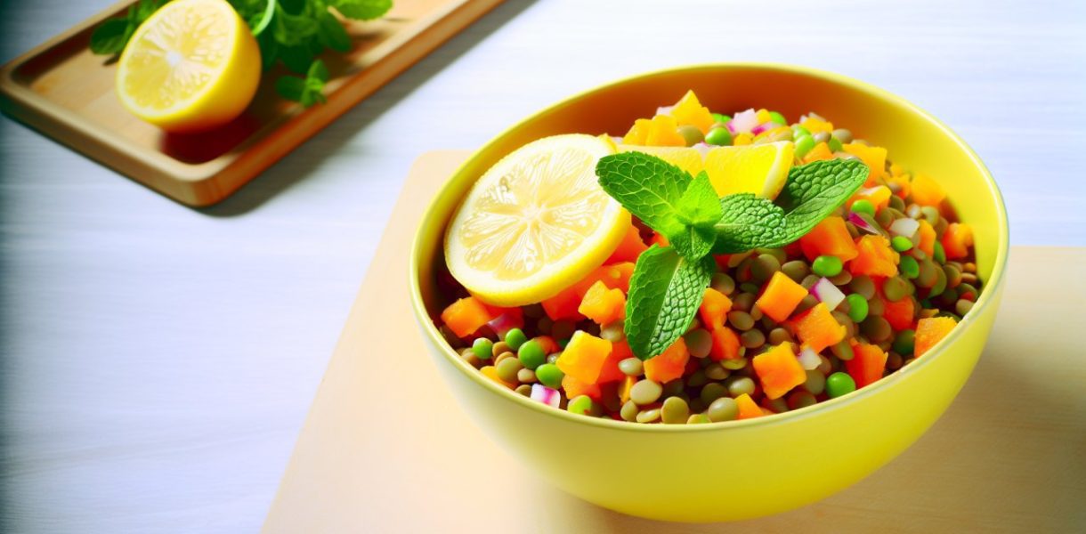 Un bol coloré de salade de lentilles, garni d'agrumes frais et de feuilles de menthe.