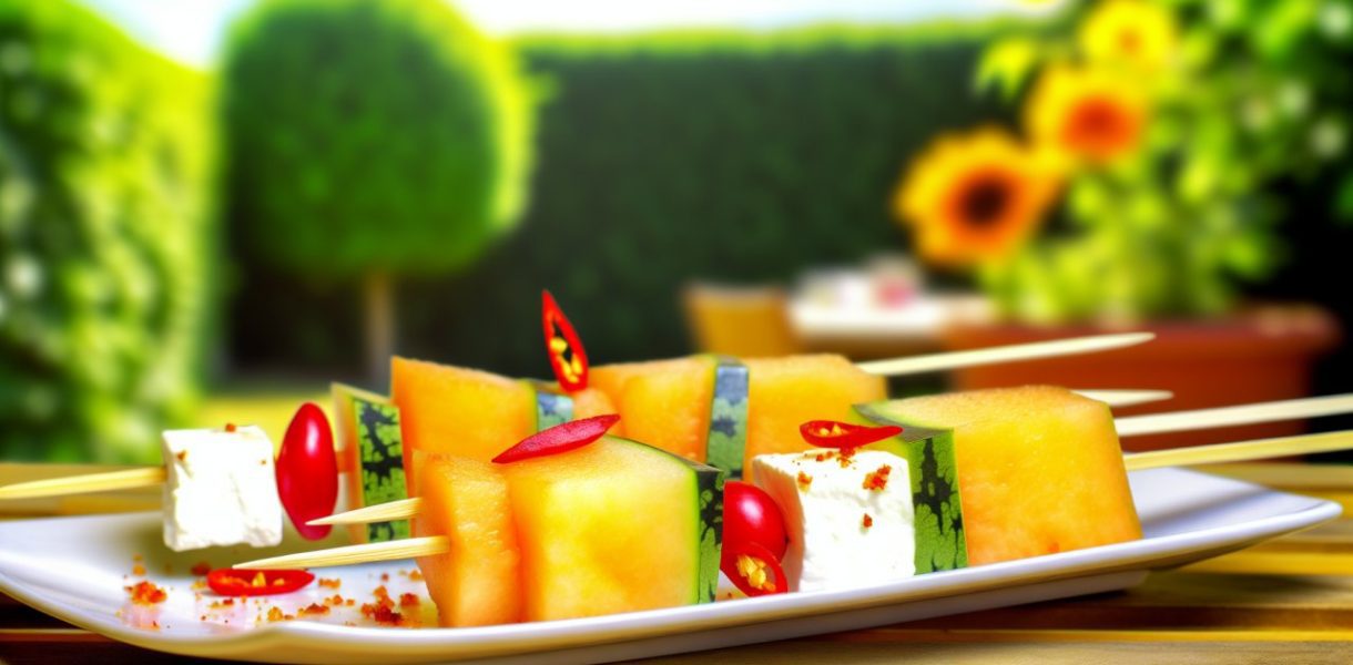 Des brochettes de melon et de feta sur une table de jardin, saupoudrées de piment, avec un fond estival flou.
