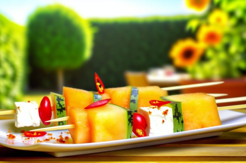 Des brochettes de melon et de feta sur une table de jardin, saupoudrées de piment, avec un fond estival flou.