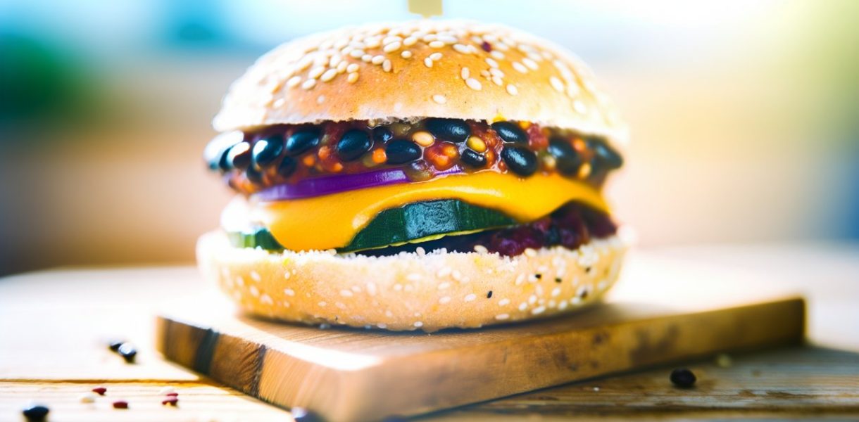 Un burger végétalien garni de quinoa et de haricots noirs, posé sur une planche en bois rustique.