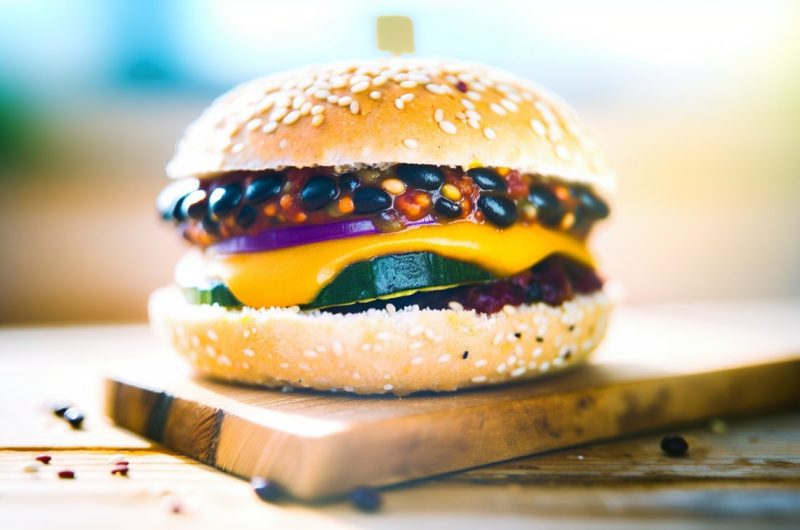 Un burger végétalien garni de quinoa et de haricots noirs, posé sur une planche en bois rustique.