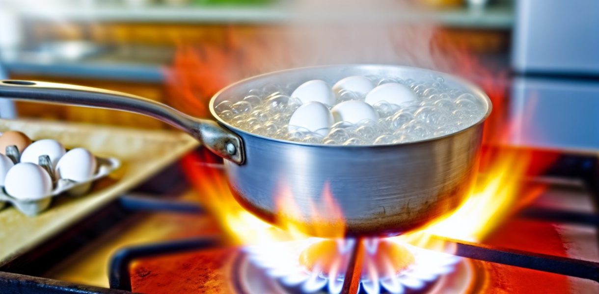 Une casserole avec de l'eau de cuisson d'oeufs encore fumante sur le feu.