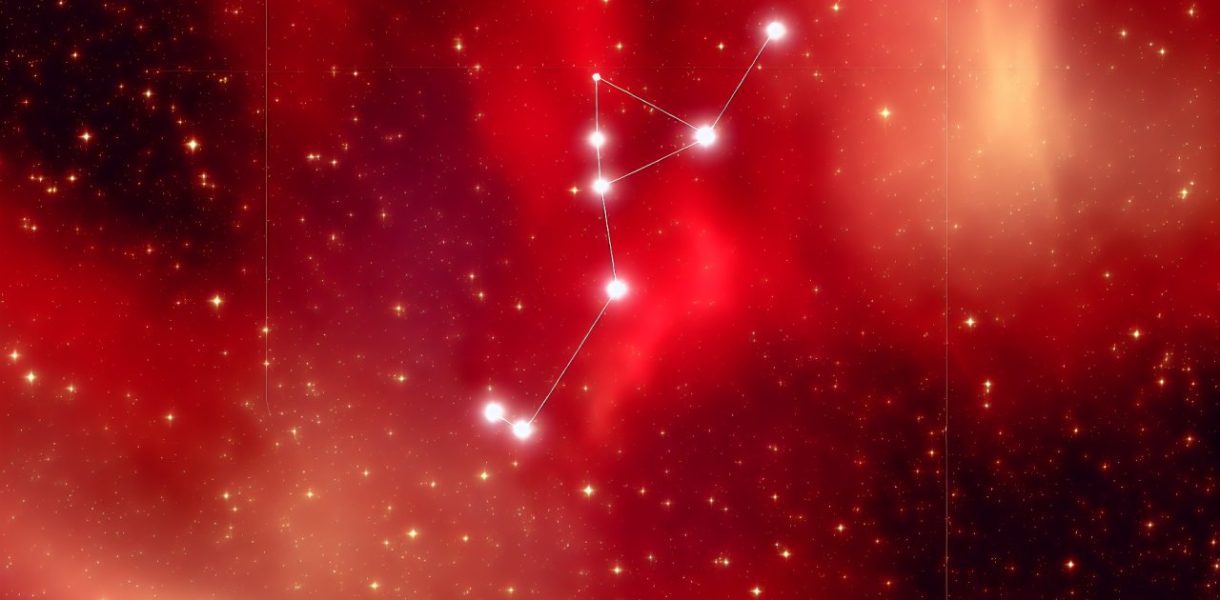 Un ciel étoilé avec des constellations clairement visibles, peut-être avec une légère teinte de rouge pour symboliser l'amour et la passion.
