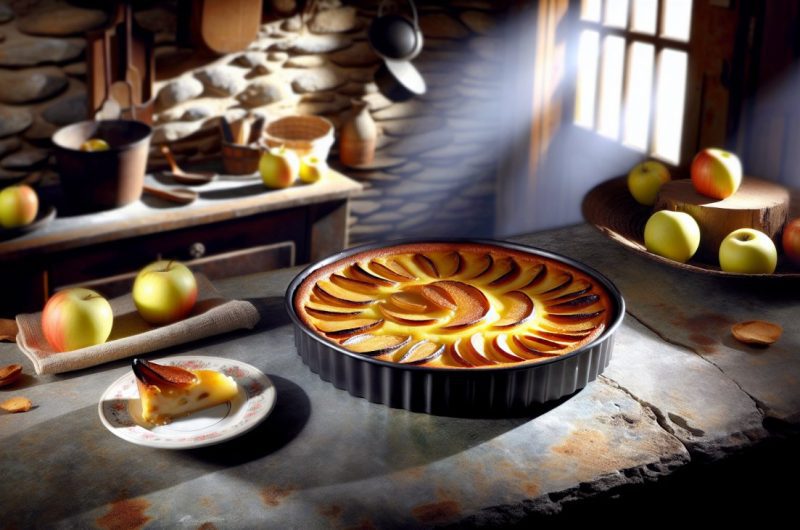 Un clafoutis aux pommes bien doré, sortant du four et posé sur une table en bois rustique.