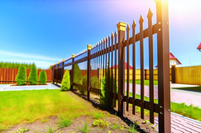 Plusieurs types de clôtures de jardin robustes et durables, comme le métal, le bois ou le PVC, alignées côte à côte pour la comparaison.