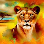 Une femme lionne dans la savane, majestueuse et fière, symbolisant le signe astrologique du Lion.