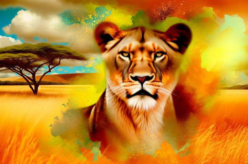 Une femme lionne dans la savane, majestueuse et fière, symbolisant le signe astrologique du Lion.