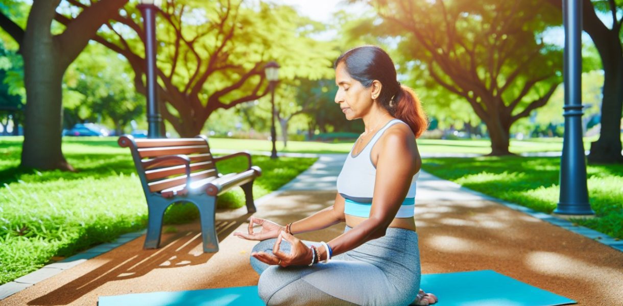 Une personne en posture de méditation dans un parc, avec un livre de science ouvert à côté d'elle.