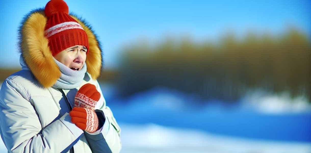 Une personne emmitouflée dans une écharpe et un manteau d'hiver, frissonnant dans un environnement enneigé.