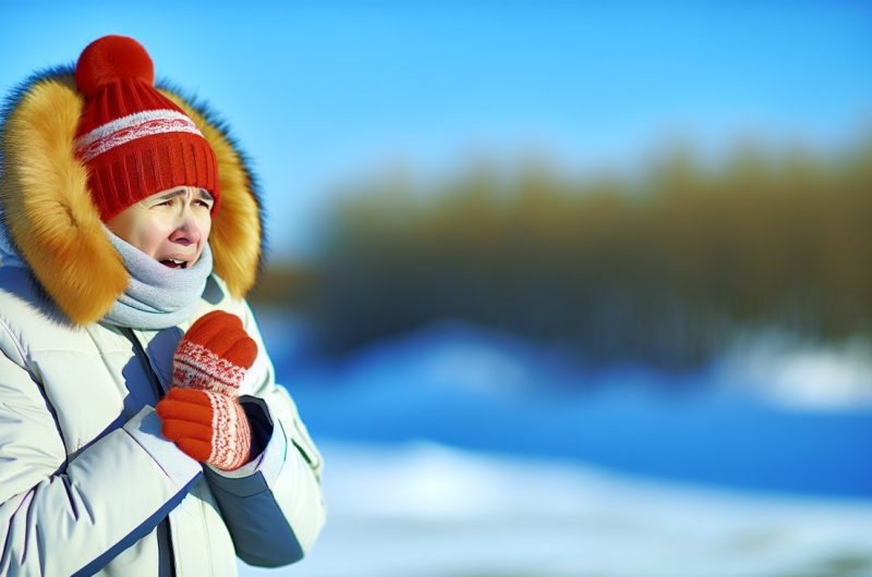 Une personne emmitouflée dans une écharpe et un manteau d'hiver, frissonnant dans un environnement enneigé.