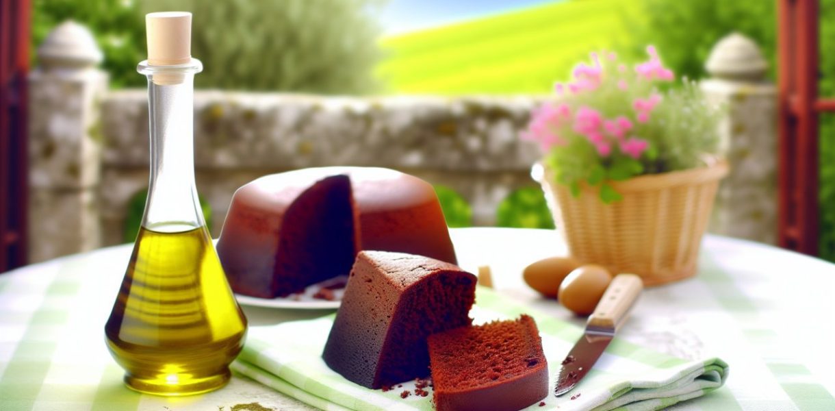 Un gâteau au chocolat moelleux coupé en parts, avec une bouteille d'huile d'olive à côté.