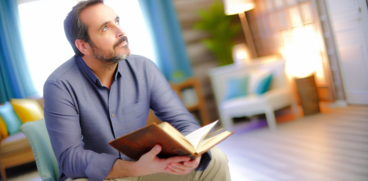 Un homme pensif, assis dans un environnement calme et serein, tenant un livre ouvert tout en regardant au loin.
