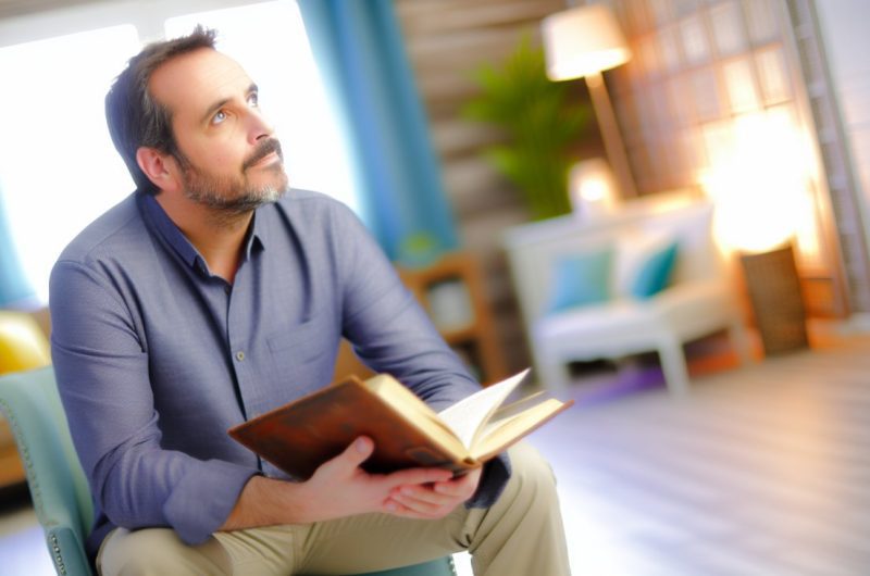Un homme pensif, assis dans un environnement calme et serein, tenant un livre ouvert tout en regardant au loin.