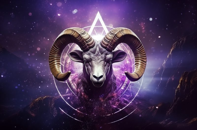 Aries zodiac sign, ram astrological design, astrology horoscope symbol of March April month background with cosmic animal head in a purple mystic constellation
