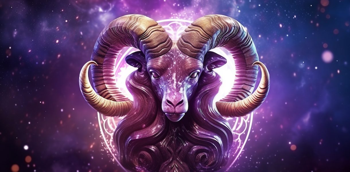 Aries zodiac sign, ram astrological design, astrology horoscope symbol of March April month background with cosmic animal head in a purple mystic constellation