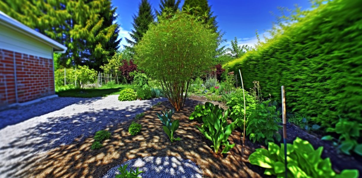 Un jardin ombragé avec des zones éclairées par le soleil, mettant en évidence des plantes et des arbres colorés.