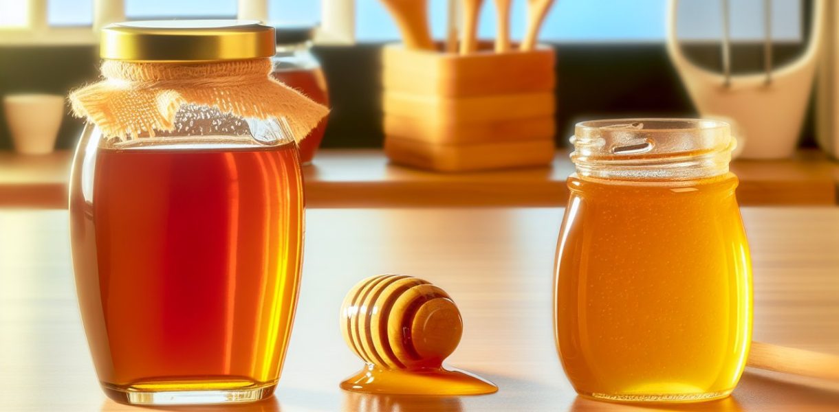 Deux pots de miel côte à côte, l'un clair et l'autre foncé, avec une cuillère trempée dans chacun.