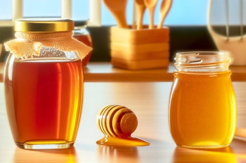 Deux pots de miel côte à côte, l'un clair et l'autre foncé, avec une cuillère trempée dans chacun.
