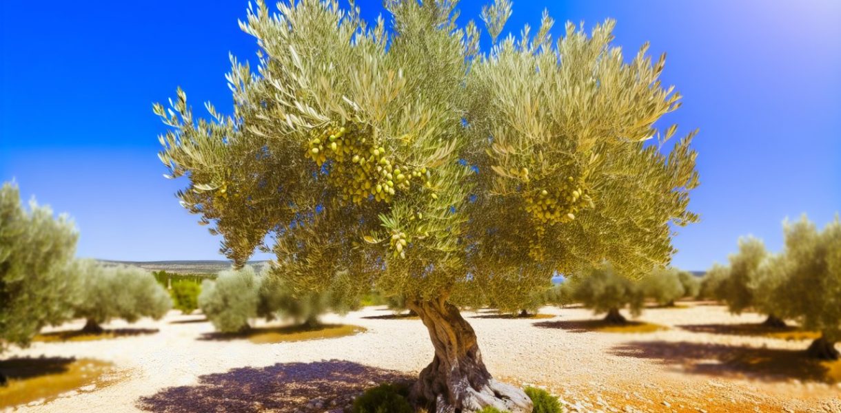 Un olivier majestueux sous le soleil du Sud, avec ses feuilles argentées et ses fruits mûrs.