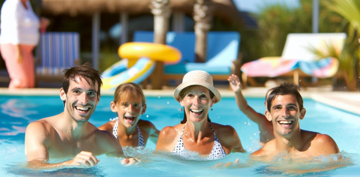Une famille souriante et détendue en train de s'amuser dans une piscine ensoleillée.