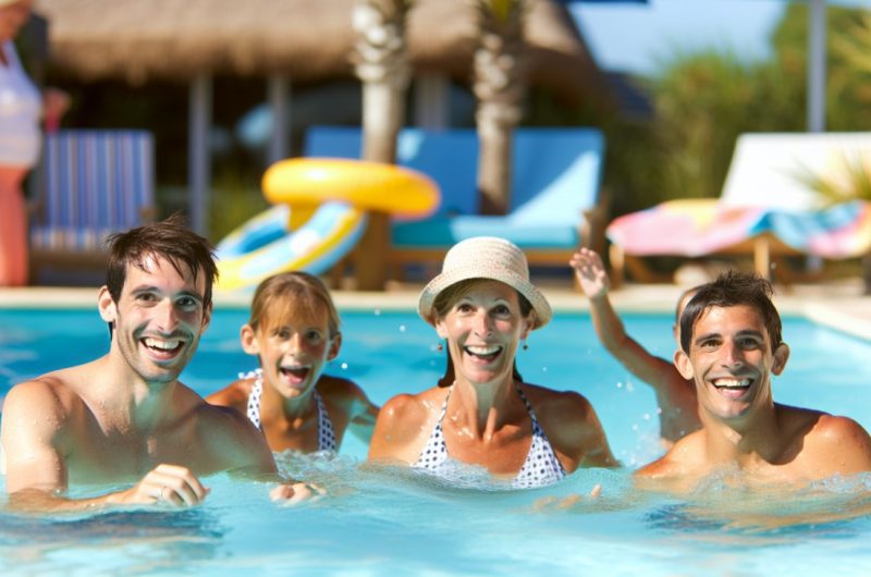 Une famille souriante et détendue en train de s'amuser dans une piscine ensoleillée.