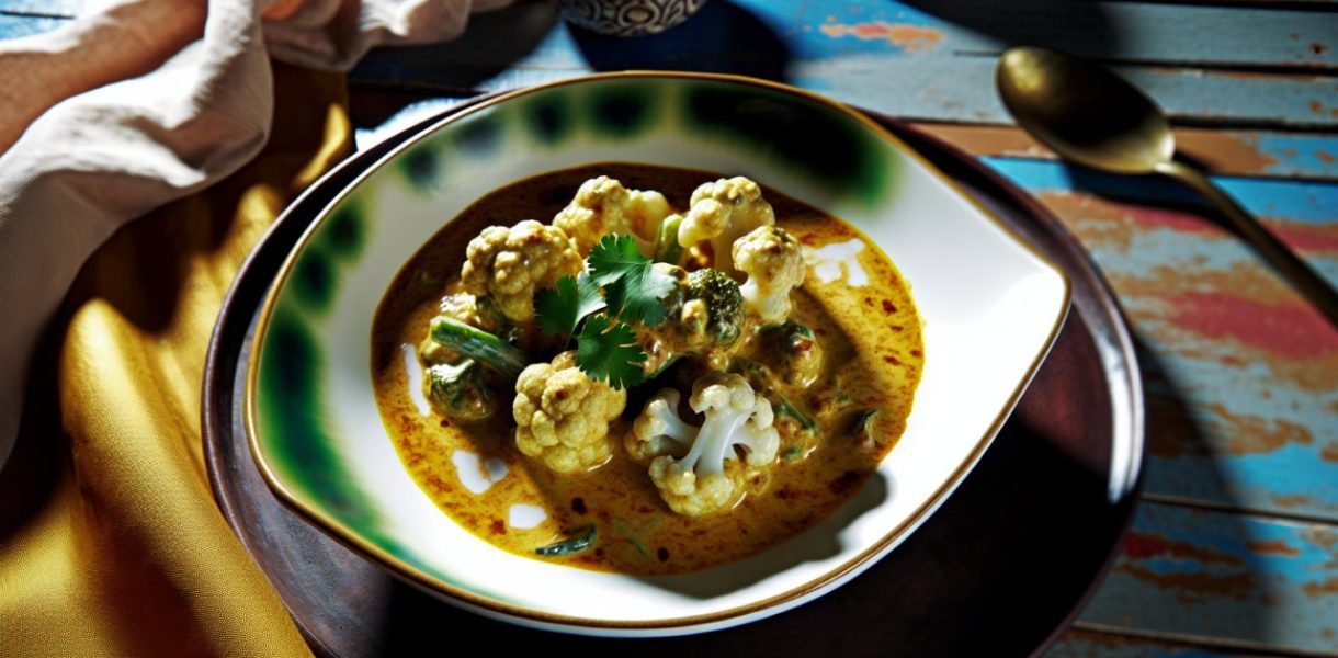 Un plat de curry de chou-fleur au lait de coco et au cacao, garni de feuilles de coriandre, servi dans un bol exotique sur une table.
