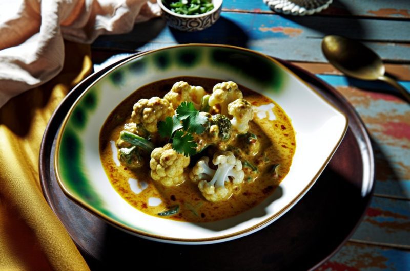 Un plat de curry de chou-fleur au lait de coco et au cacao, garni de feuilles de coriandre, servi dans un bol exotique sur une table.
