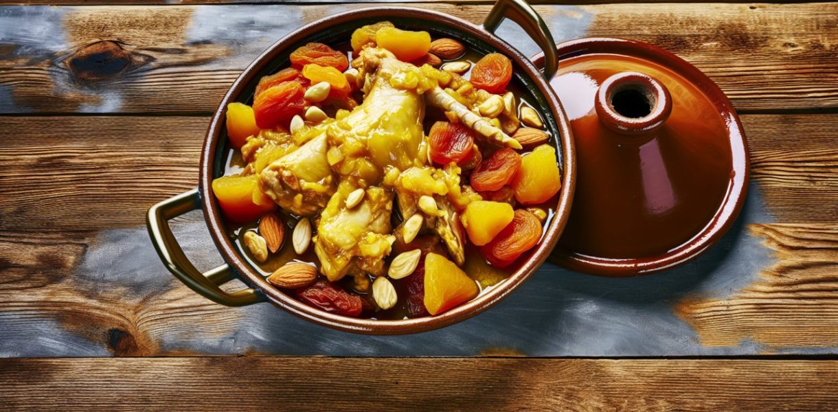 Un plat traditionnel marocain de Tajine de poulet aux abricots secs et aux amandes, joliment présenté sur une table rustique.