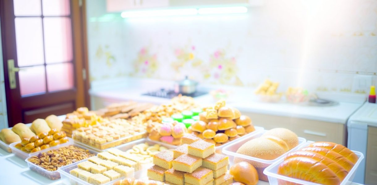 Un assortiment de bricks, feuilletés et pains disposés de manière attrayante sur une table bien décorée pour le Ramadan.