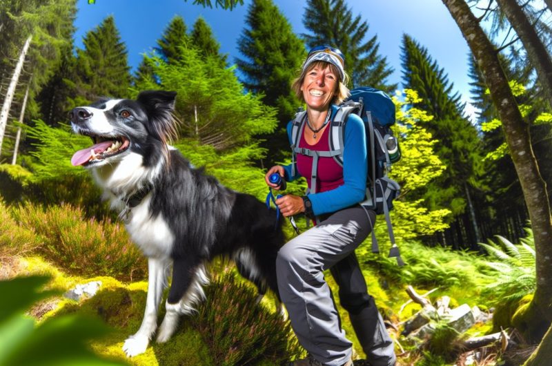 Un chien et son propriétaire en pleine randonnée dans la nature, équipés de sacs à dos et de gourdes d'eau.