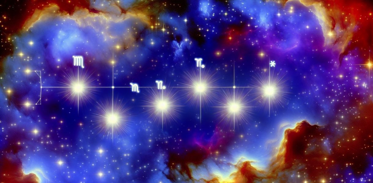 Une représentation artistique des cinq constellations correspondant aux signes astrologiques mentionnés, brillant intensément dans un ciel nocturne.