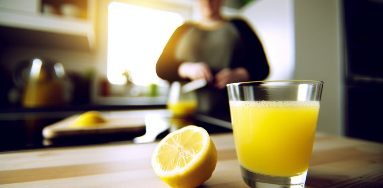 Un verre de jus de citron fraîchement pressé sur une table de cuisine le matin.