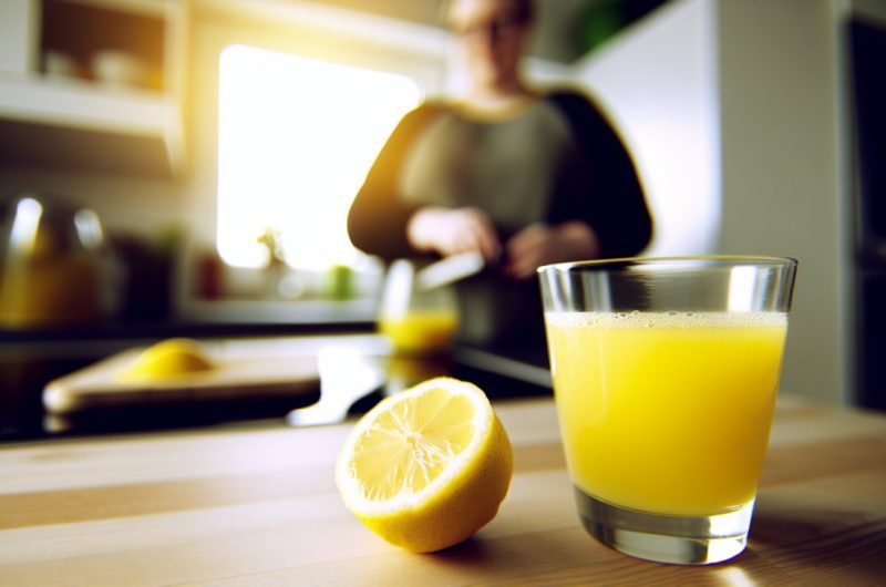 Un verre de jus de citron fraîchement pressé sur une table de cuisine le matin.