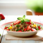 Une salade de quinoa colorée garnie de fraises fraîches et de feuilles de menthe sur une table en bois clair.