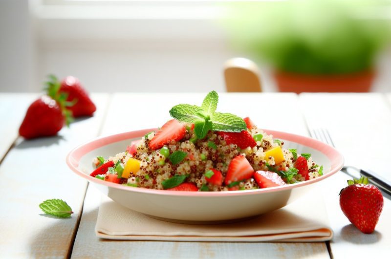 Une salade de quinoa colorée garnie de fraises fraîches et de feuilles de menthe sur une table en bois clair.