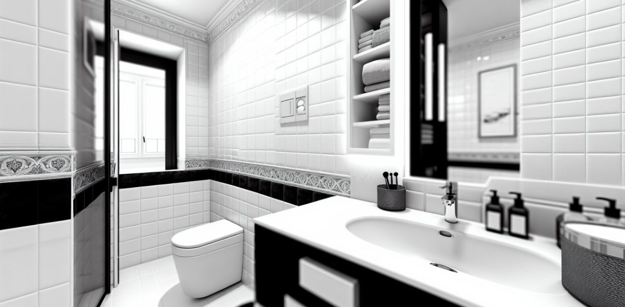 Une salle de bain moderne avec des carreaux noirs et blancs, un miroir et des accessoires de bain assortis.