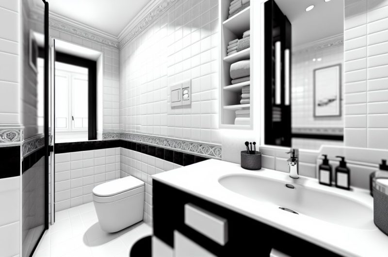 Une salle de bain moderne avec des carreaux noirs et blancs, un miroir et des accessoires de bain assortis.