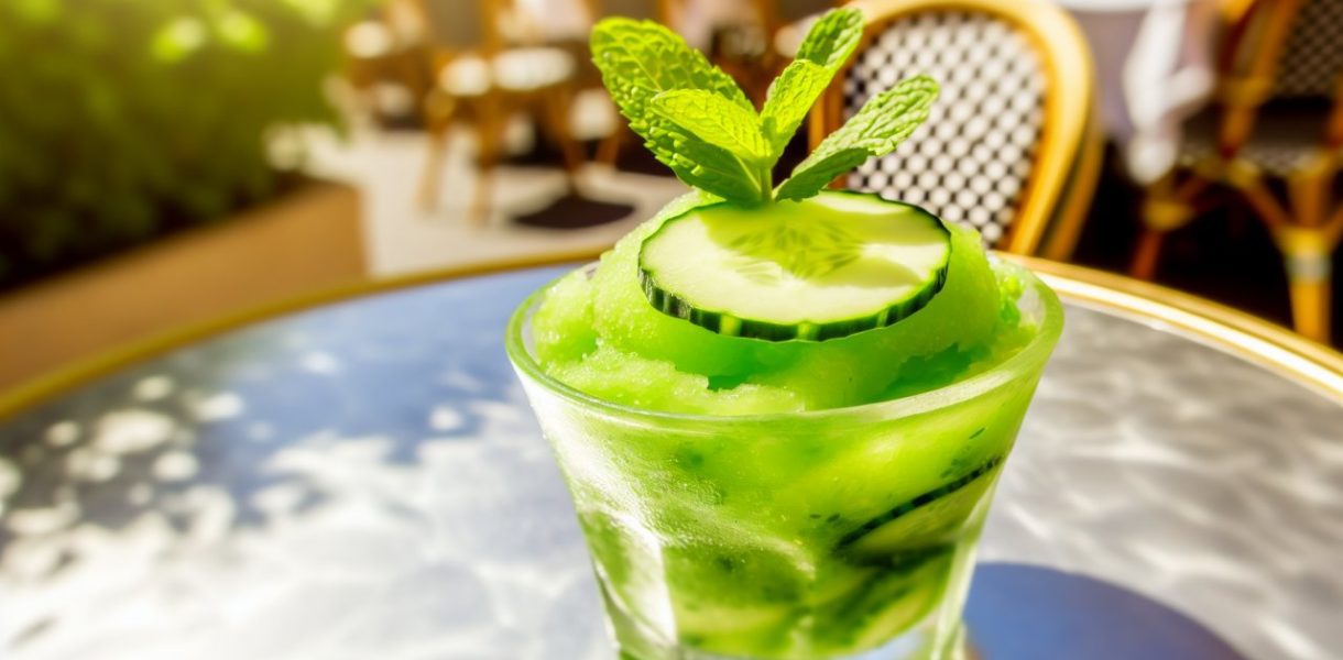 Un sorbet vert clair au concombre et à la menthe dans une coupe en verre, garni de feuilles de menthe fraîche et de tranches de concombre.