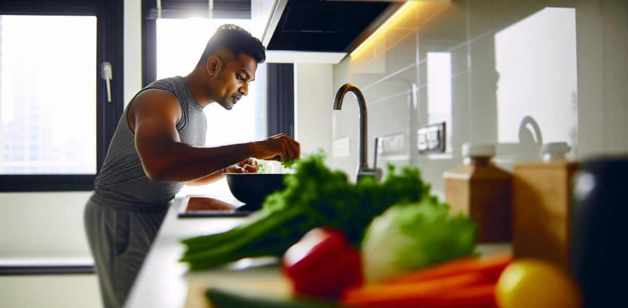 Une personne en train de préparer une salade colorée et nutritive dans sa cuisine.