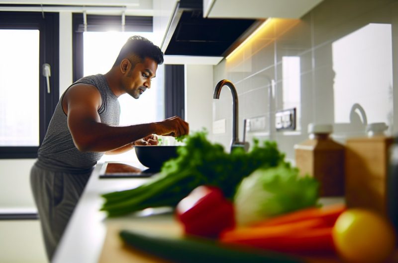 Une personne en train de préparer une salade colorée et nutritive dans sa cuisine.