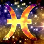 Un symbole du signe astrologique du Poisson brillant sous un ciel étoilé.