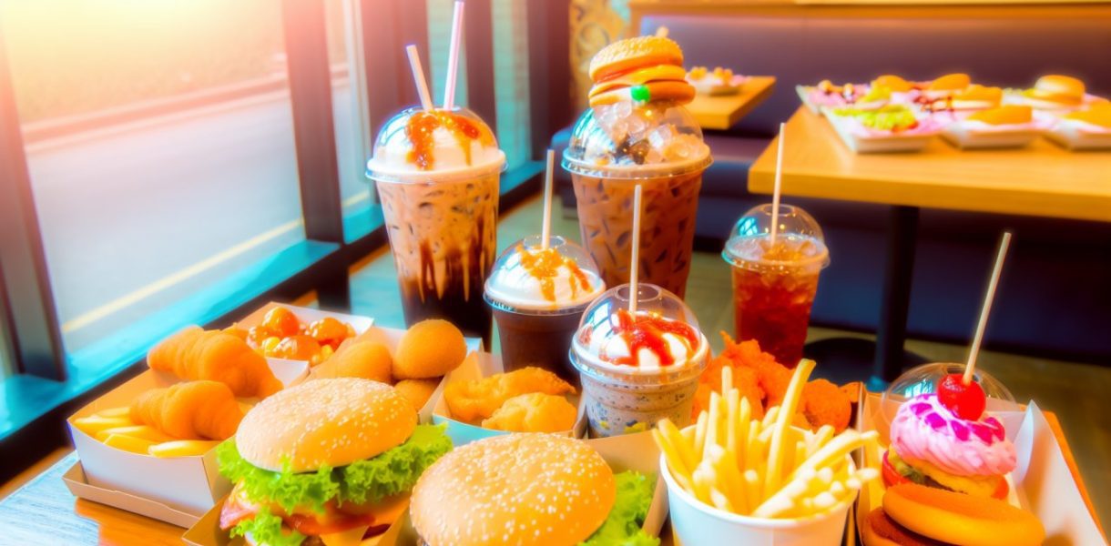 Une table remplie de divers aliments généralement considérés comme malsains, comme des fast-foods, des boissons sucrées et des friandises.