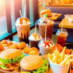 Une table remplie de divers aliments généralement considérés comme malsains, comme des fast-foods, des boissons sucrées et des friandises.