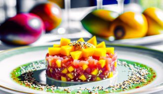 Un tartare de thon frais garni de morceaux de mangue et parsemé de graines de sésame, présenté de manière élégante sur une assiette.