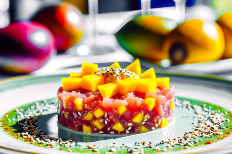 Un tartare de thon frais garni de morceaux de mangue et parsemé de graines de sésame, présenté de manière élégante sur une assiette.