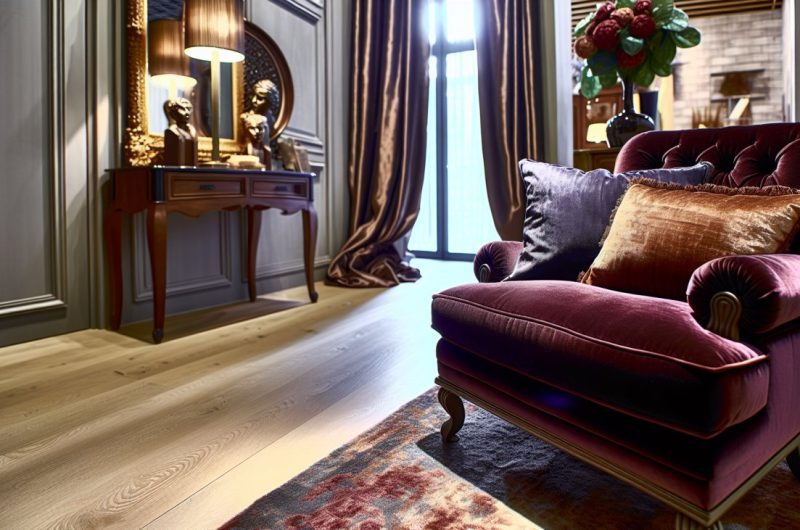 Un salon élégamment décoré avec des meubles en velours, comme un canapé ou des coussins.