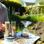Des graines variées disposées sur une table avec un jardinier en train de les examiner attentivement.