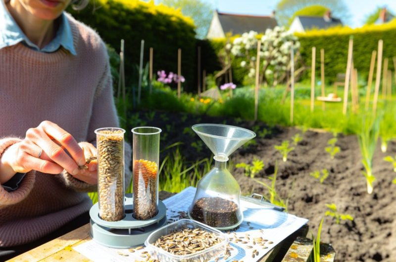 Des graines variées disposées sur une table avec un jardinier en train de les examiner attentivement.