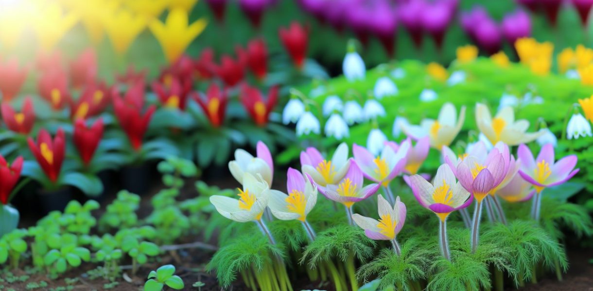 Un jardin en pleine floraison avec une variété de fleurs printanières colorées.